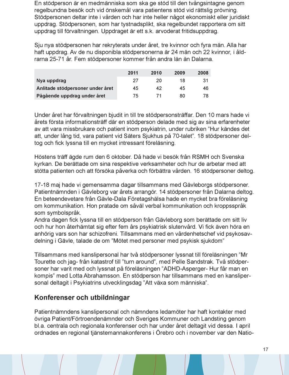 Uppdraget är ett s.k. arvoderat fritidsuppdrag. Sju nya stödpersonen har rekryterats under året, tre kvinnor och fyra män. Alla har haft uppdrag.