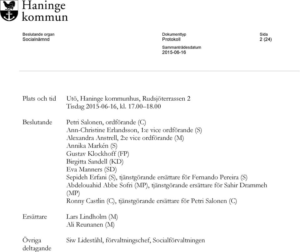 (M) Annika Markén (S) Gustav Klockhoff (FP) Birgitta Sandell (KD) Eva Manners (SD) Sepideh Erfani (S), tjänstgörande ersättare för Fernando Pereira (S)