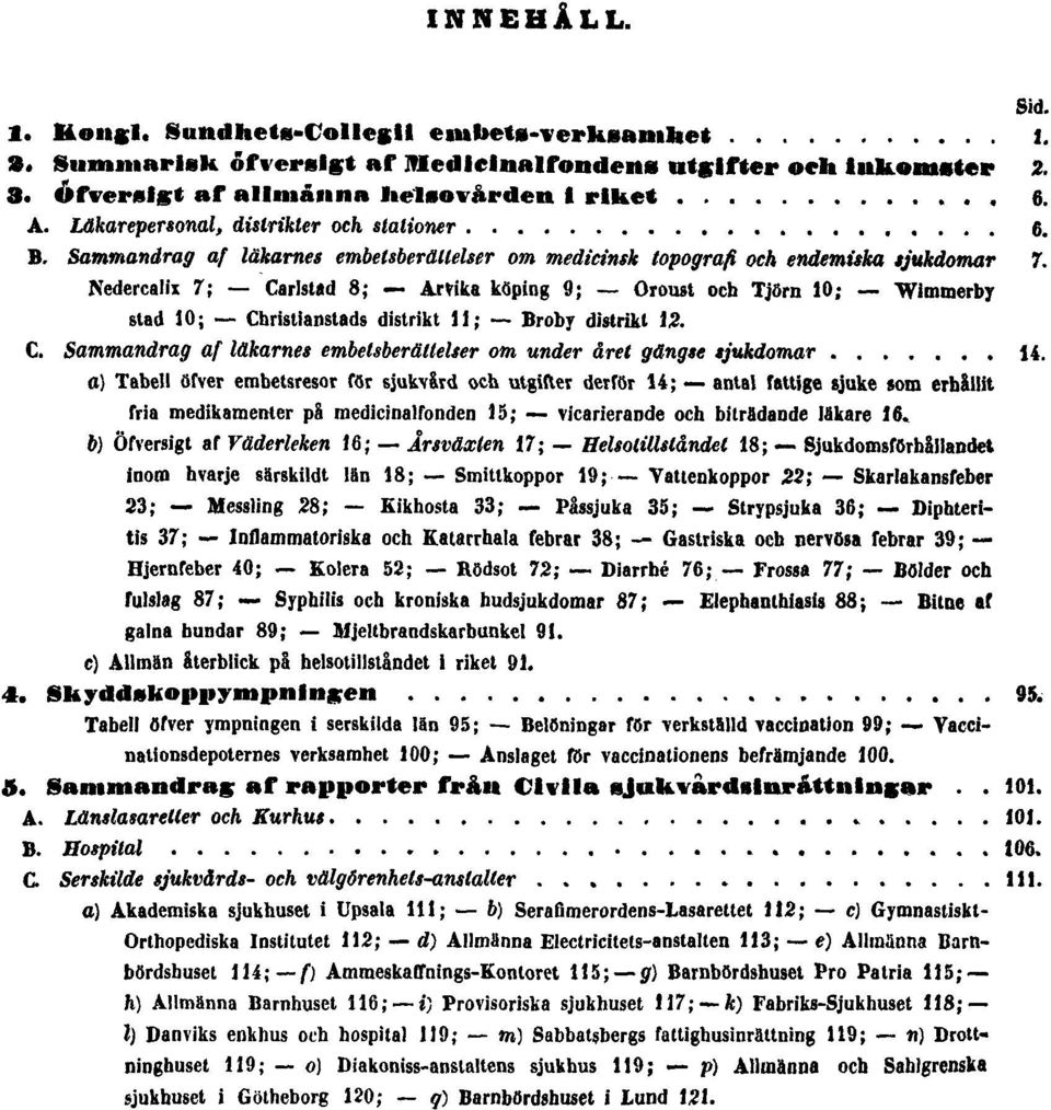 Nedercalix 7; Carlstad 8; Arvika köping 9; Oroust och Tjörn 10; Wimmerby stad 10; Christianstads distrikt 11; Broby distrikt 12. C. Sammandrag af läkarnes embelsberättelser om under året gängse sjukdomar 14.