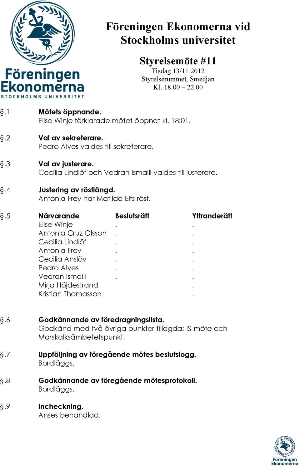 .5 Närvarande Beslutsrätt Yttranderätt Elise Winje.. Antonia Cruz Olsson.. Cecilia Lindlöf.. Antonia Frey.. Cecilia Anslöv.. Pedro Alves.. Vedran Ismaili.. Mirja Höjdestrand. Kristian Thomasson.