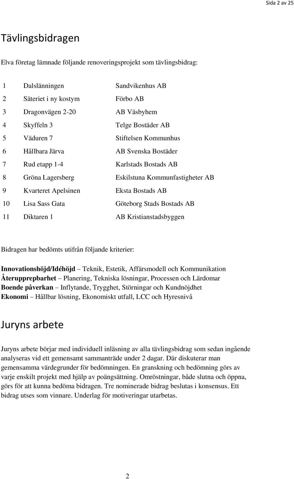 Apelsinen Eksta Bostads AB 10 Lisa Sass Gata Göteborg Stads Bostads AB 11 Diktaren 1 AB Kristianstadsbyggen Bidragen har bedömts utifrån följande kriterier: Innovationshöjd/Idéhöjd Teknik, Estetik,