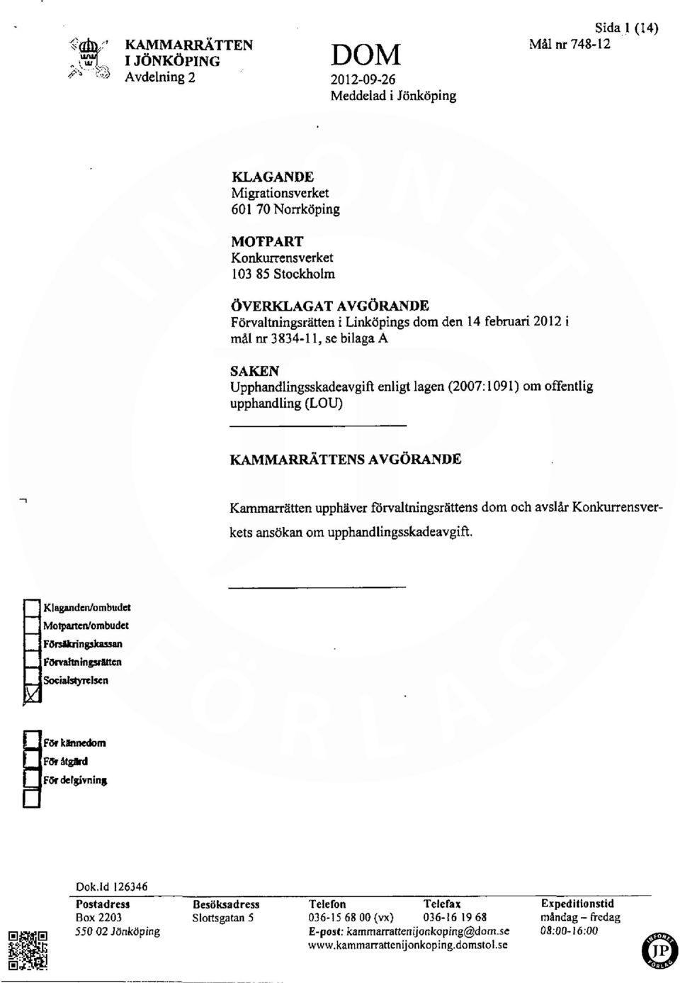 Kammarrätten upphäver förvaltningsrättens dom och avslår Konkurrensverkets ansökan om upphandlingsskadeavgift.