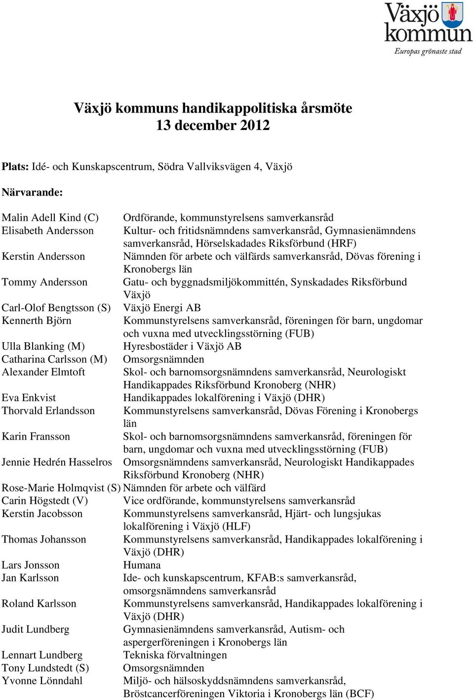 Kultur- och fritidsnämndens samverkansråd, Gymnasienämndens samverkansråd, Hörselskadades Riksförbund (HRF) Nämnden för arbete och välfärds samverkansråd, Dövas förening i Kronobergs län Gatu- och