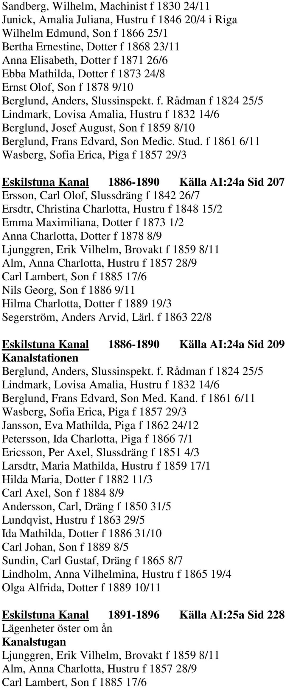 Stud. f 1861 6/11 Wasberg, Sofia Erica, Piga f 1857 29/3 Eskilstuna Kanal 1886-1890 Källa AI:24a Sid 207 Ersson, Carl Olof, Slussdräng f 1842 26/7 Ersdtr, Christina Charlotta, Hustru f 1848 15/2 Emma