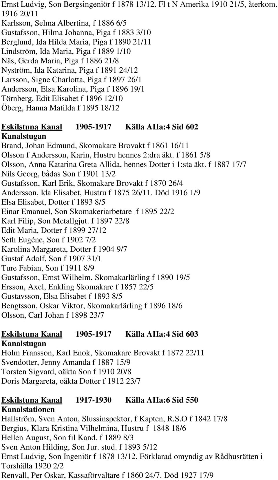 f 1886 21/8 Nyström, Ida Katarina, Piga f 1891 24/12 Larsson, Signe Charlotta, Piga f 1897 26/1 Andersson, Elsa Karolina, Piga f 1896 19/1 Törnberg, Edit Elisabet f 1896 12/10 Öberg, Hanna Matilda f