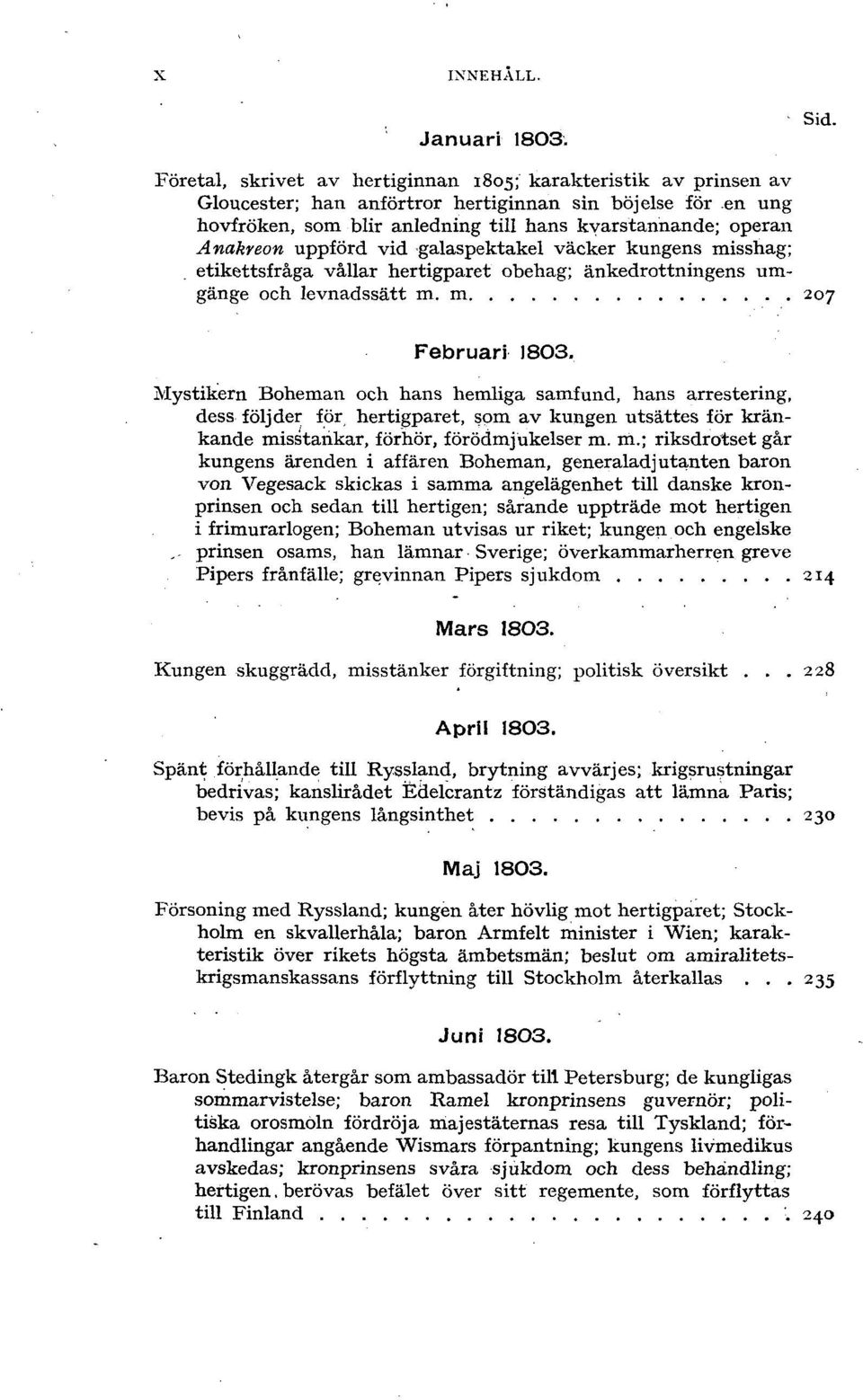 uppförd vid galaspektakel väcker kungens misshag; etikettsfråga vållar hertigparet obehag; änkedrottningens umgänge och levnadssätt m. m 207 Februari 1803.