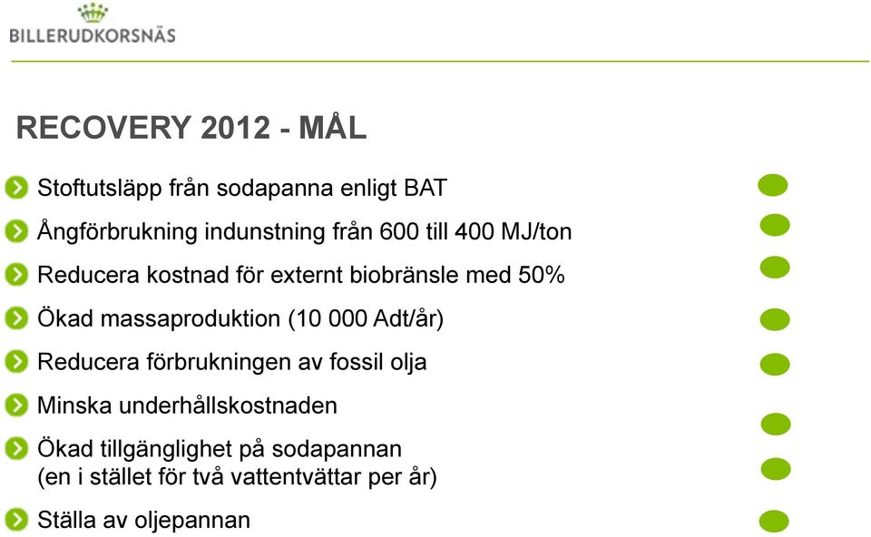 massaproduktion (10 000 Adt/år) Reducera förbrukningen av fossil olja Minska