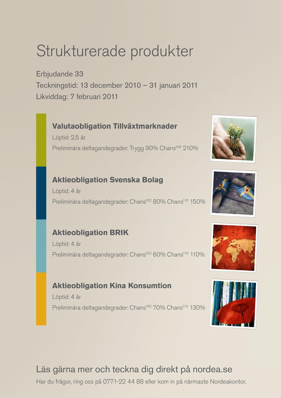 Aktieobligation BRIK Löptid: 4 år Preliminära deltagandegrader: Chans 102 60% Chans 110 110% Aktieobligation Kina Konsumtion Löptid: 4 år Preliminära