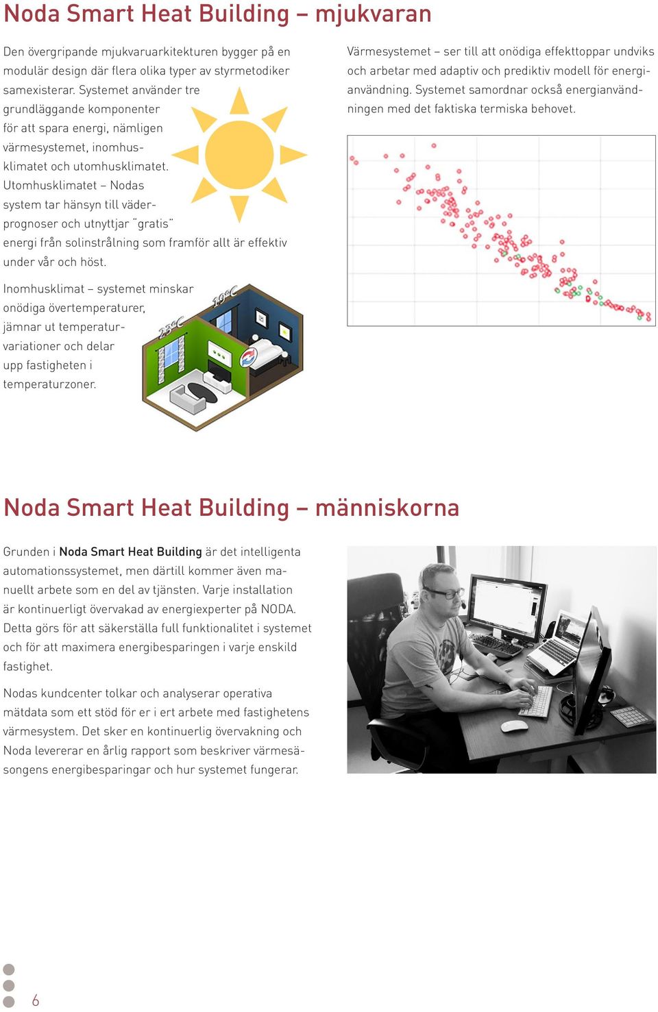 Utomhusklimatet Nodas system tar hänsyn till väderprognoser och utnyttjar gratis energi från solinstrålning som framför allt är effektiv under vår och höst.