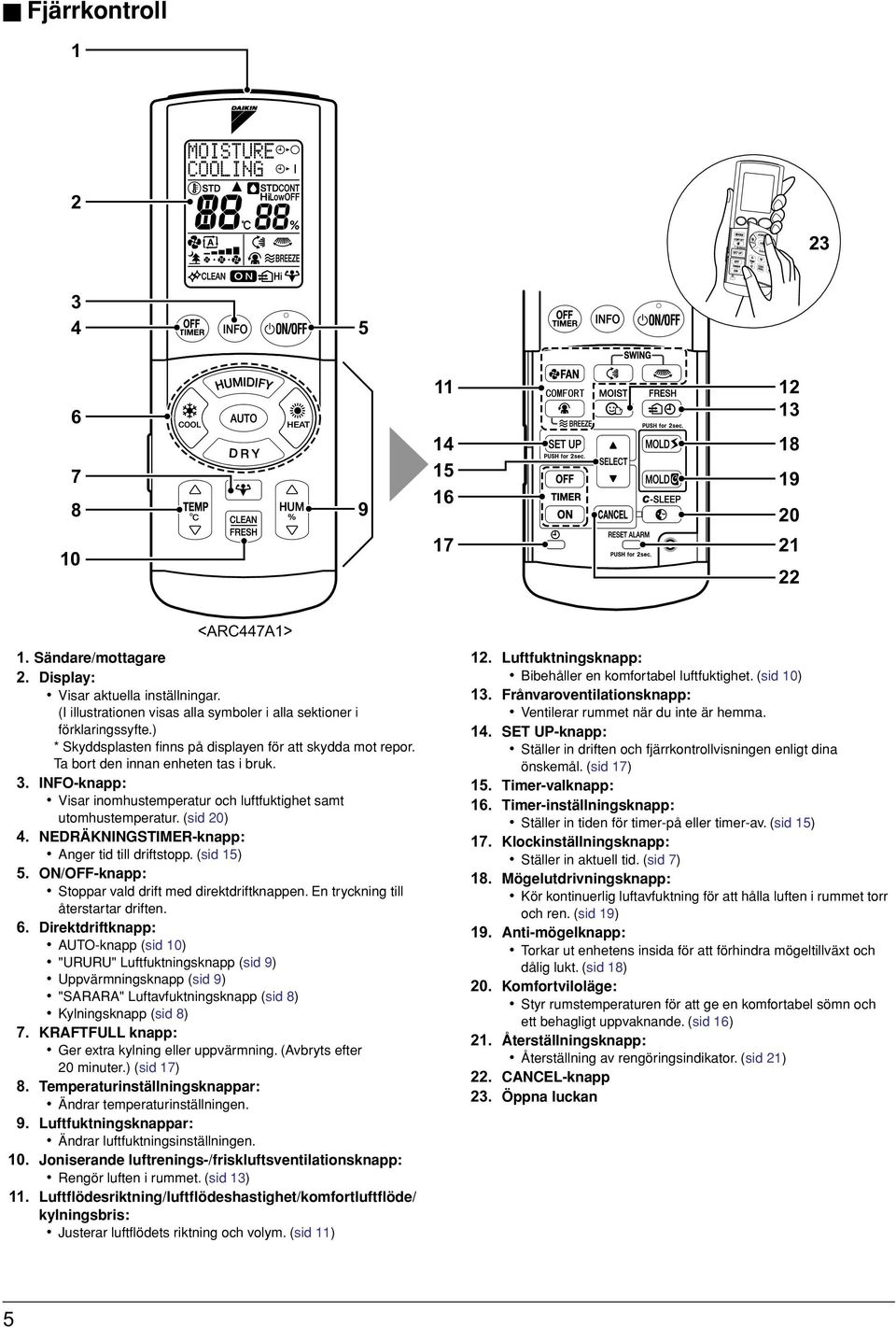 NEDRÄKNINGSTIMER-knapp: Anger tid till driftstopp. (sid 5) 5. ON/OFF-knapp: Stoppar vald drift med direktdriftknappen. En tryckning till återstartar driften. 6.