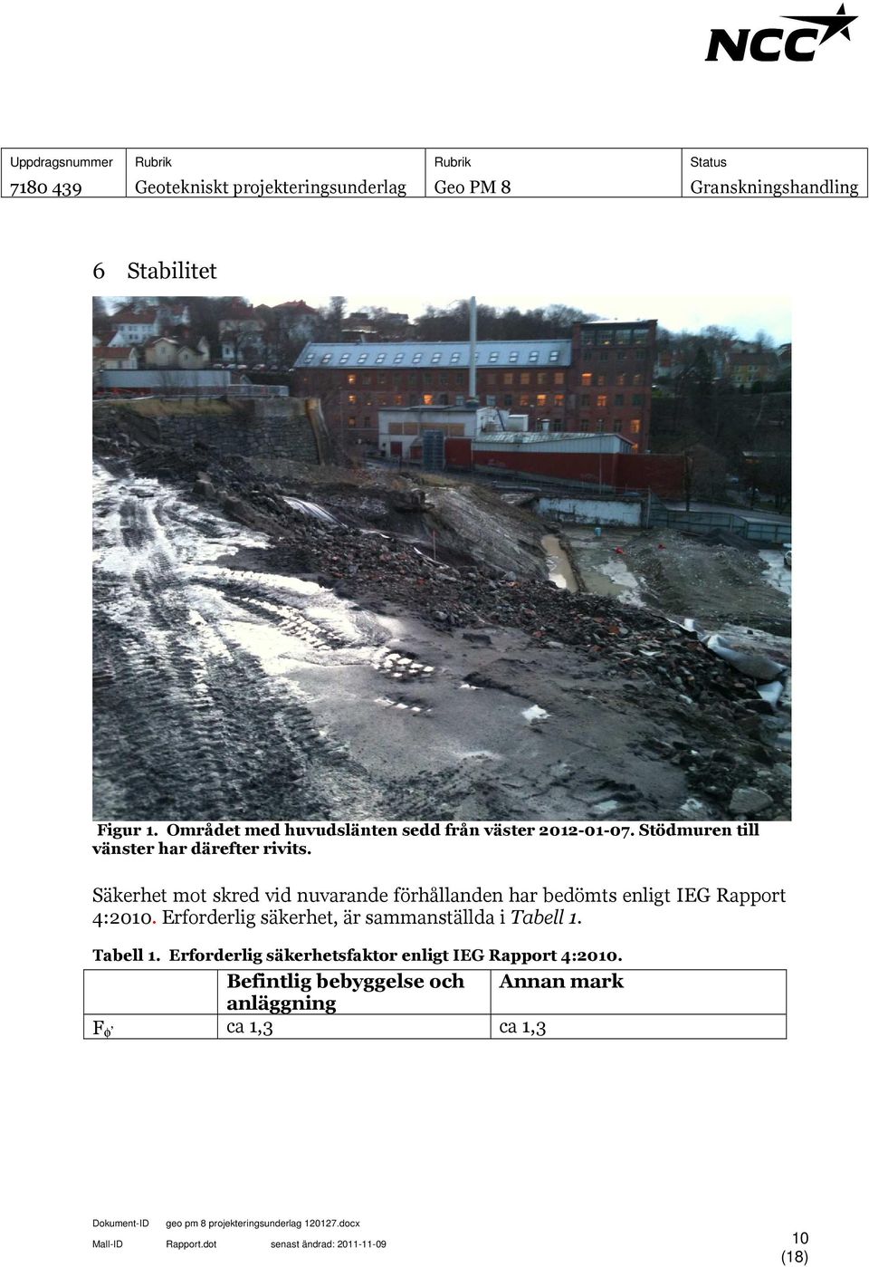Säkerhet mot skred vid nuvarande förhållanden har bedömts enligt IEG Rapport 4:2010. Erforderlig säkerhet, är sammanställda i Tabell 1.