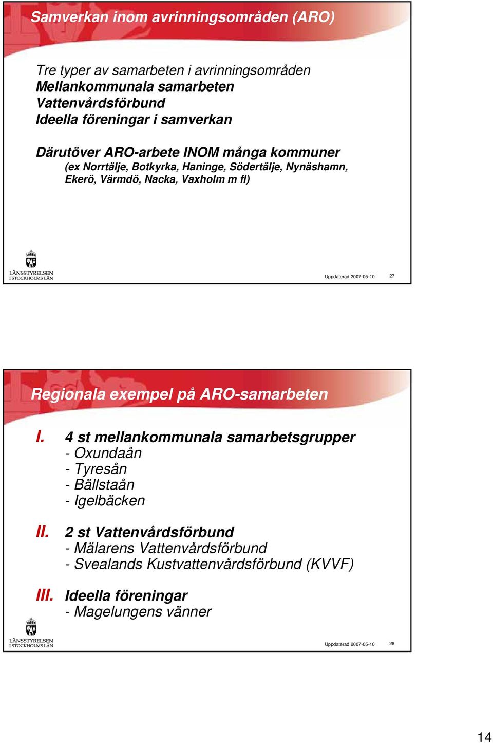 Uppdaterad 2007-05-10 27 Regionala exempel på ARO-samarbeten I. 4 st mellankommunala samarbetsgrupper - Oxundaån - Tyresån - Bällstaån - Igelbäcken II.