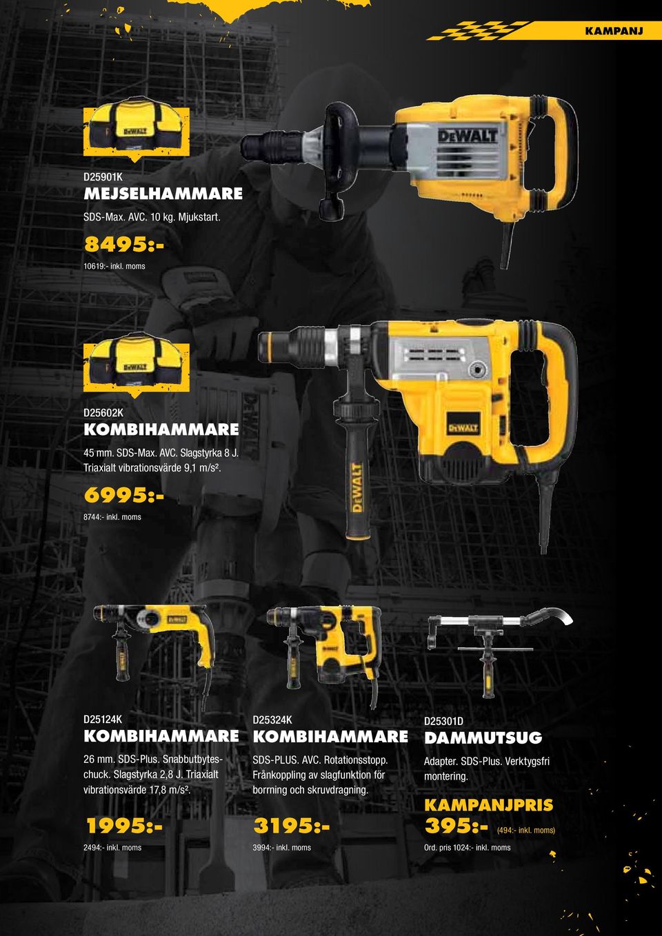 Triaxialt vibrationsvärde 17,8 m/s². 1995:- 2494:- inkl. moms D25324K KOMBIHAMMARE SDS-PLUS. AVC. Rotationsstopp.