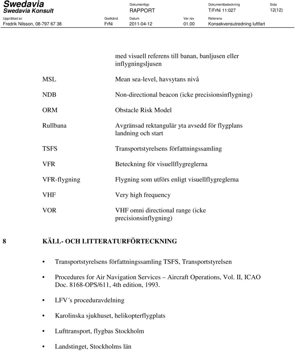 visuellflygreglerna Flygning som utförs enligt visuellflygreglerna Very high frequency VHF omni directional range (icke precisionsinflygning) 8 KÄLL- OCH LITTERATURFÖRTECKNING Transportstyrelsens