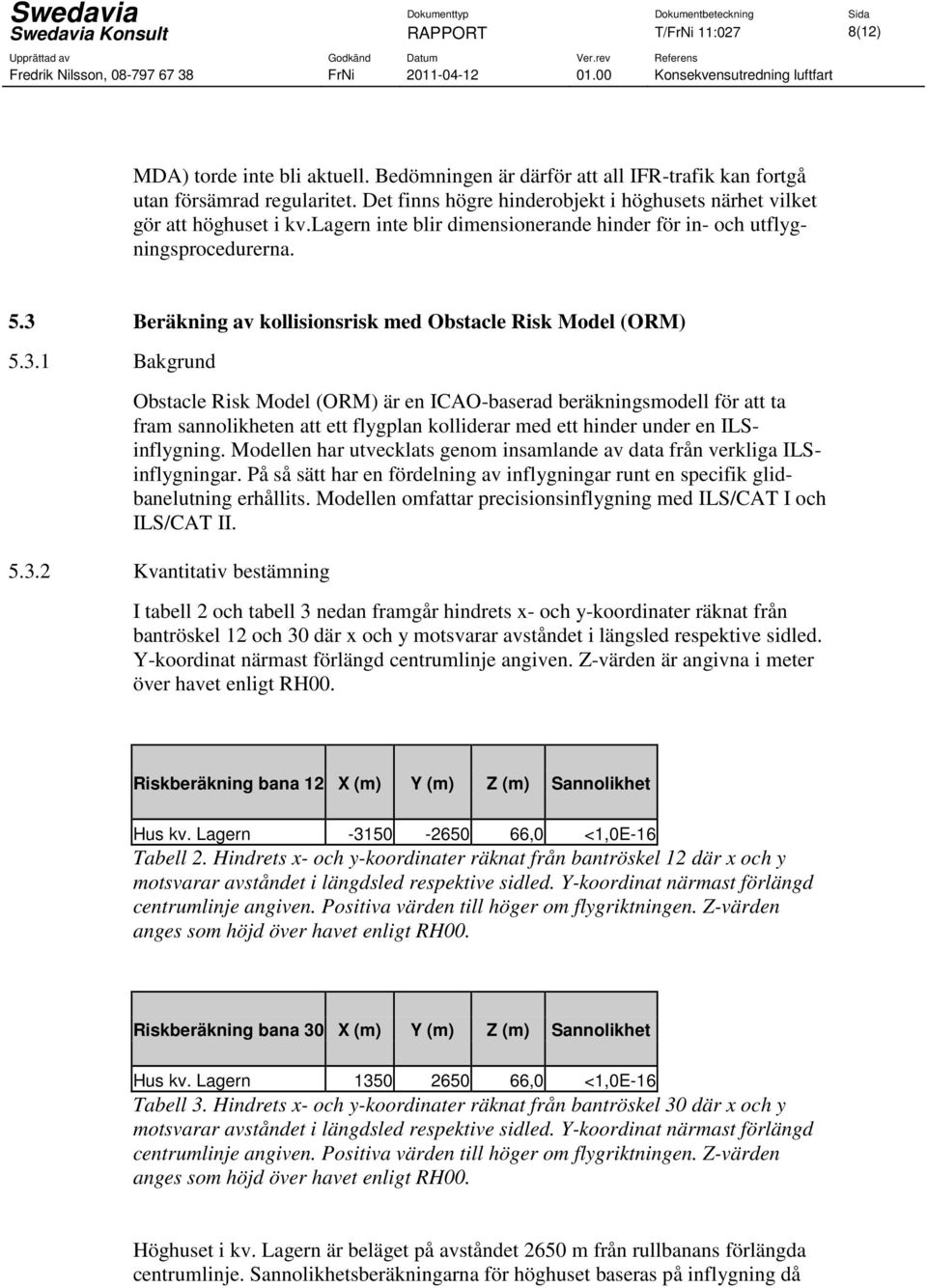 3 Beräkning av kollisionsrisk med Obstacle Risk Model (ORM) 5.3.1 Bakgrund Obstacle Risk Model (ORM) är en ICAO-baserad beräkningsmodell för att ta fram sannolikheten att ett flygplan kolliderar med ett hinder under en ILSinflygning.