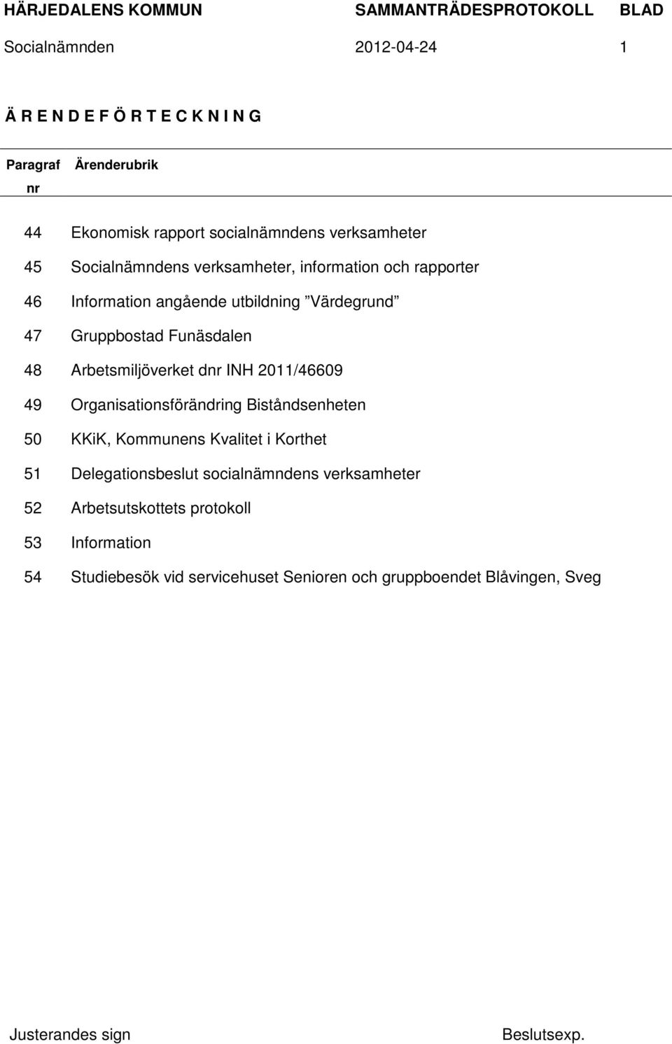 Arbetsmiljöverket dnr INH 2011/46609 49 Organisationsförändring Biståndsenheten 50 KKiK, Kommunens Kvalitet i Korthet 51 Delegationsbeslut