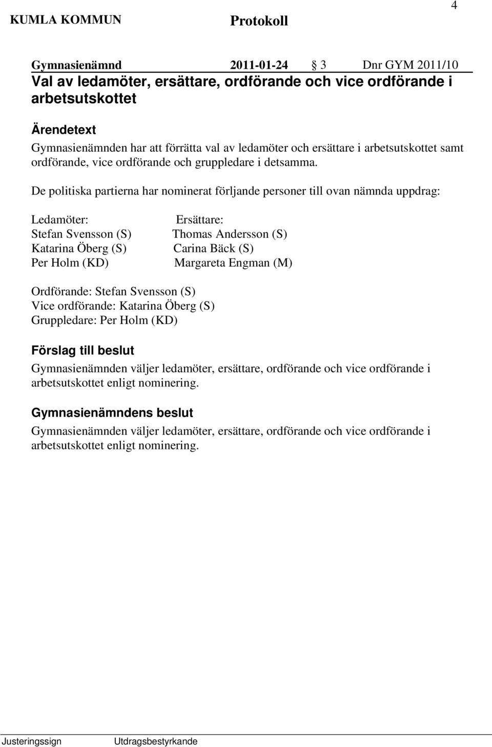 De politiska partierna har nominerat förljande personer till ovan nämnda uppdrag: Ledamöter: tefan vensson () Katarina Öberg () Per Holm (KD) Ersättare: Thomas Andersson () Carina Bäck () Margareta