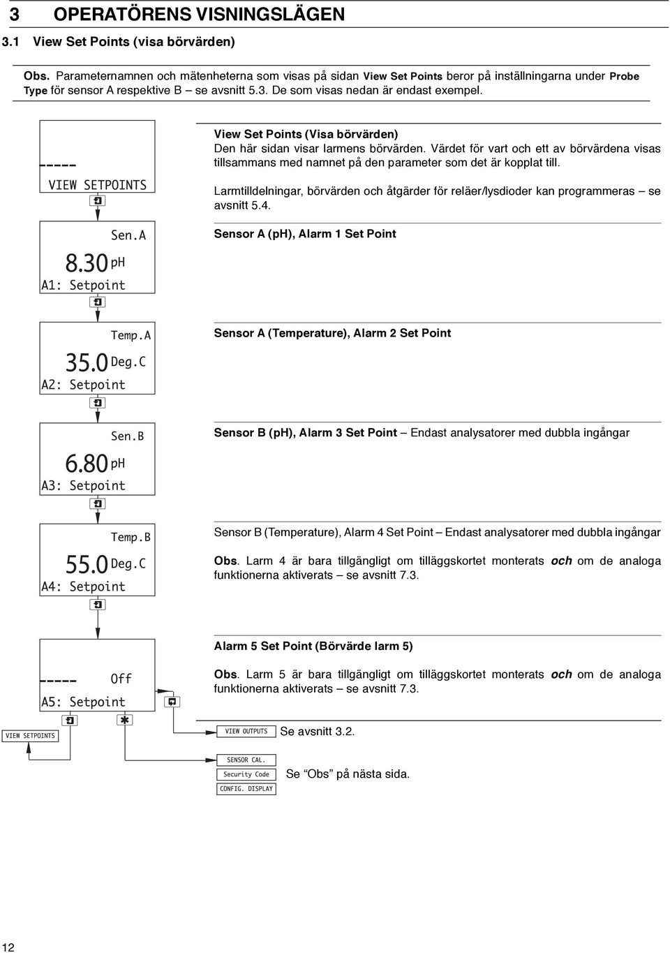 View Set Points (Visa börvärden) Den här sidan visar larmens börvärden. Värdet för vart och ett av börvärdena visas tillsammans med namnet på den parameter som det är kopplat till.