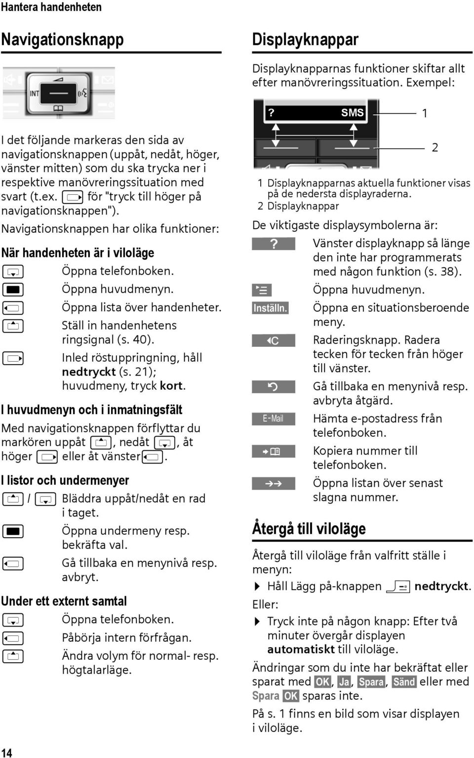 v för "tryck till höger på navigationsknappen"). Navigationsknappen har olika funktioner: När handenheten är i viloläge s Öppna telefonboken. w Öppna huvudmenyn. u Öppna lista över handenheter.