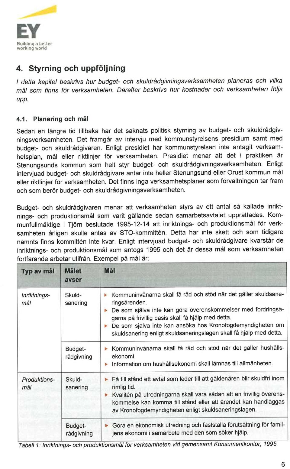 Det framgår av intervju med kommunstyrelsens presidium samt med budget- och skuldrådgivaren. Enligt presidiet har kommunstyrelsen inte antagit verksamhetsplan, mål eller riktlinjer för verksamheten.