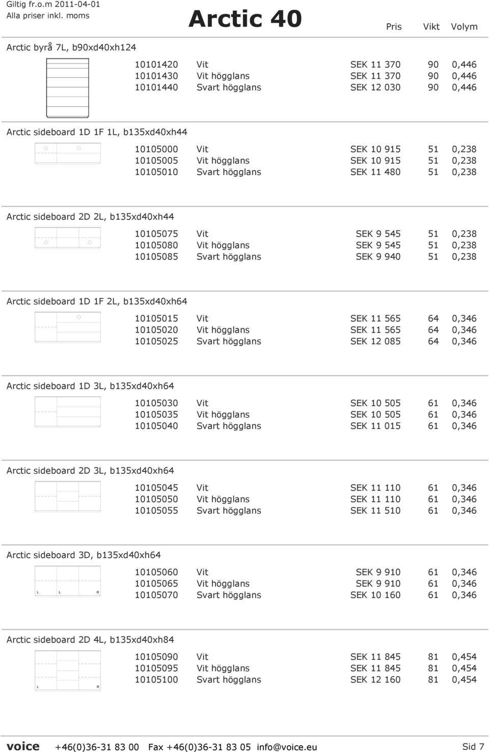 högglans SEK 9 545 51 0,238 10105085 Svart högglans SEK 9 940 51 0,238 Arctic sideboard 1D 1F 2L, b135xd40xh64 10105015 Vit SEK 11 565 64 0,346 10105020 Vit högglans SEK 11 565 64 0,346 10105025