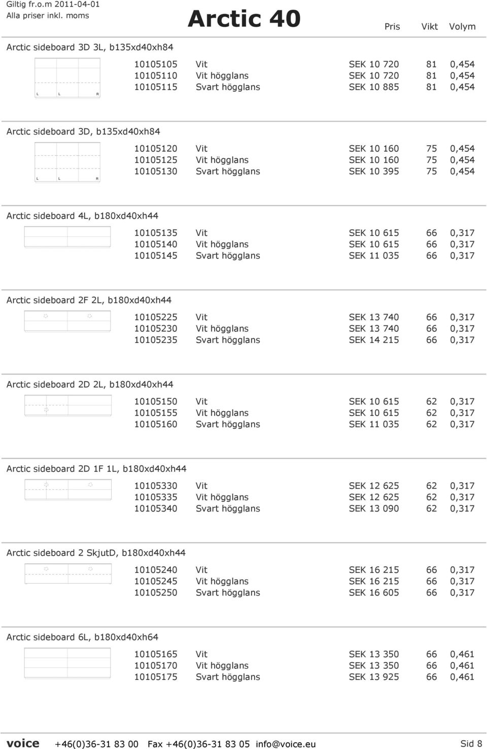 SEK 10 615 66 0,317 10105145 Svart högglans SEK 11 035 66 0,317 Arctic sideboard 2F 2L, b180xd40xh44 10105225 Vit SEK 13 740 66 0,317 10105230 Vit högglans SEK 13 740 66 0,317 10105235 Svart högglans