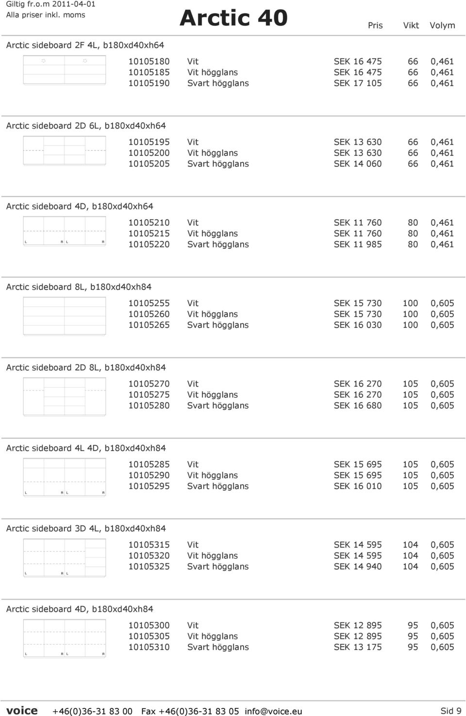 högglans SEK 11 760 80 0,461 10105220 Svart högglans SEK 11 985 80 0,461 Arctic sideboard 8L, b180xd40xh84 10105255 Vit SEK 15 730 100 0,605 10105260 Vit högglans SEK 15 730 100 0,605 10105265 Svart