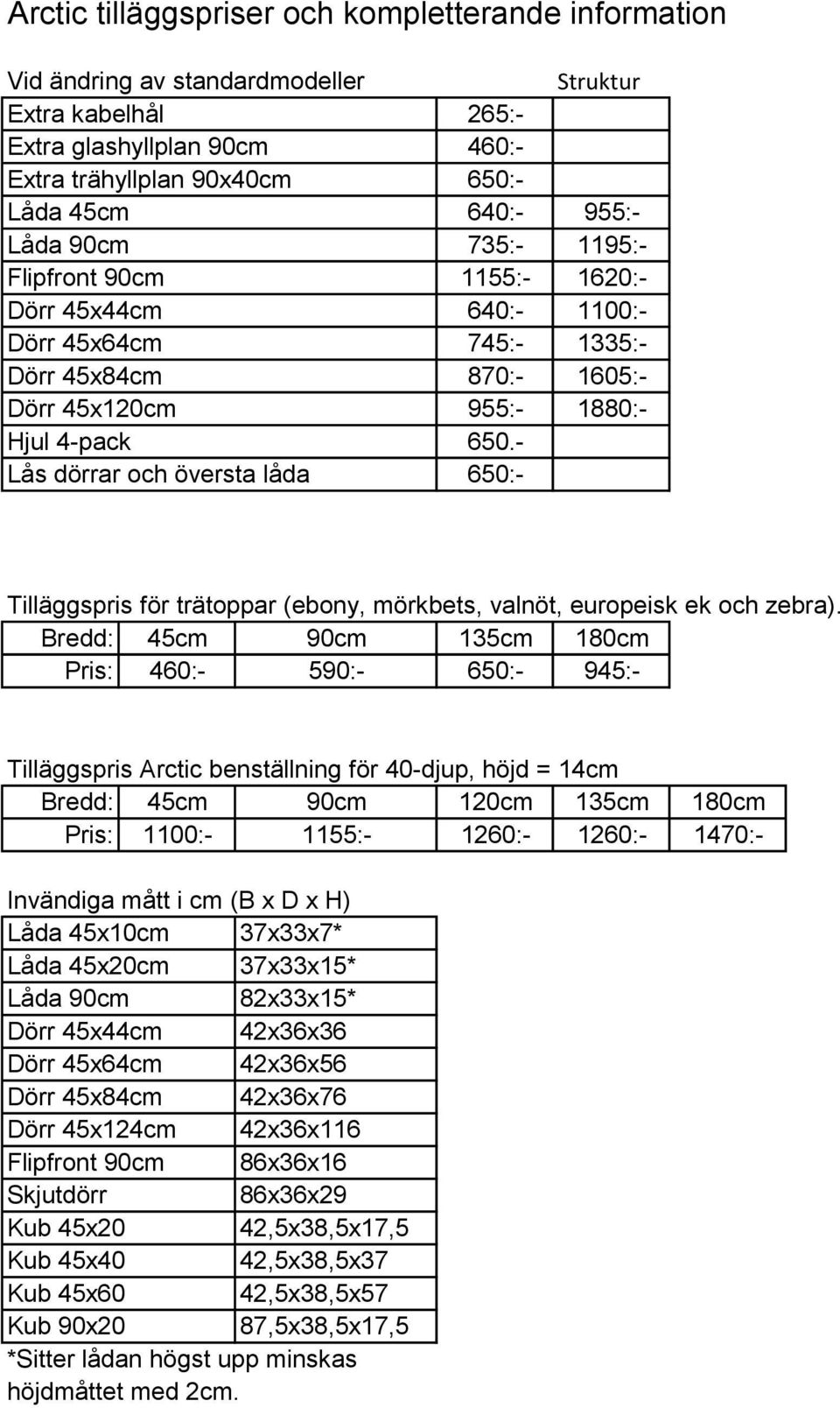 - Lås dörrar och översta låda 650:- Tilläggspris för trätoppar (ebony, mörkbets, valnöt, europeisk ek och zebra).