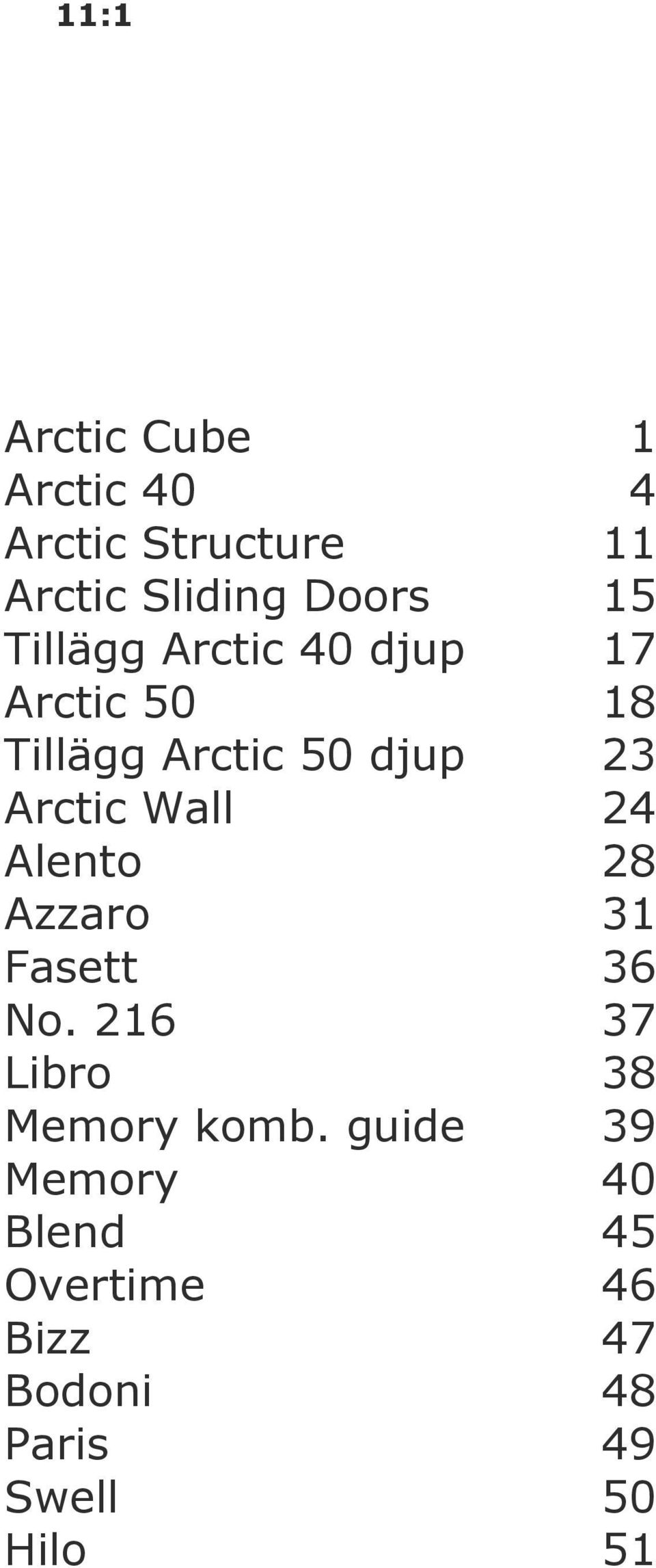 Wall 24 Alento 28 Azzaro 31 Fasett 36 No. 216 37 Libro 38 Memory komb.