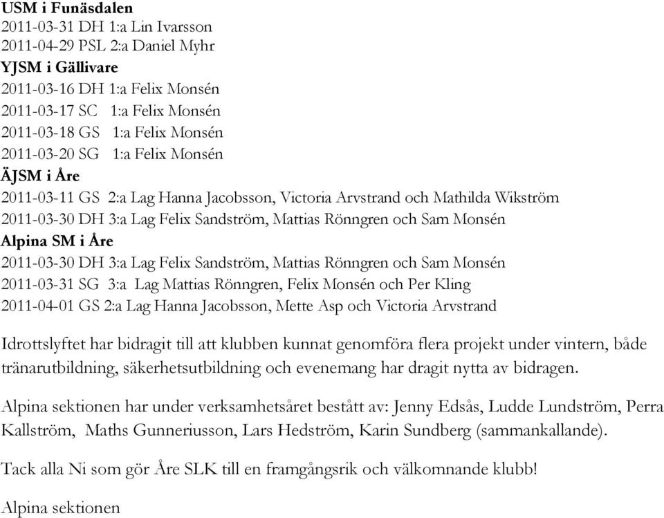 2011-03-30 DH 3:a Lag Felix Sandström, Mattias Rönngren och Sam Monsén 2011-03-31 SG 3:a Lag Mattias Rönngren, Felix Monsén och Per Kling 2011-04-01 GS 2:a Lag Hanna Jacobsson, Mette Asp och Victoria