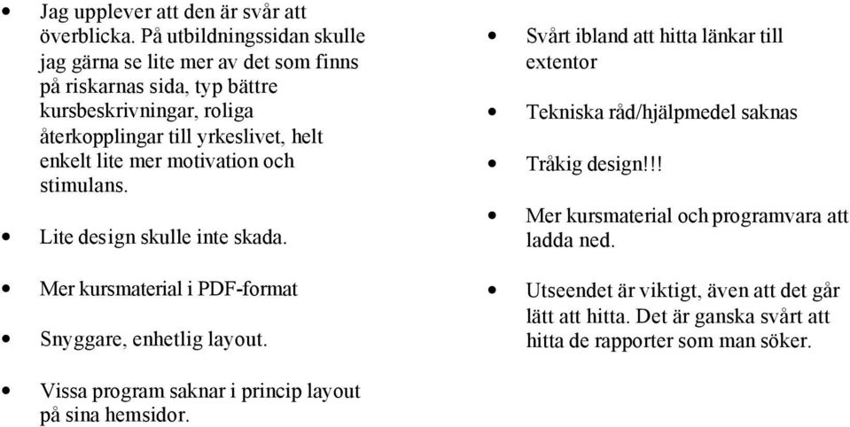 enkelt lite mer motivation och stimulans. Lite design skulle inte skada. Mer kursmaterial i PDF-format Snyggare, enhetlig layout.