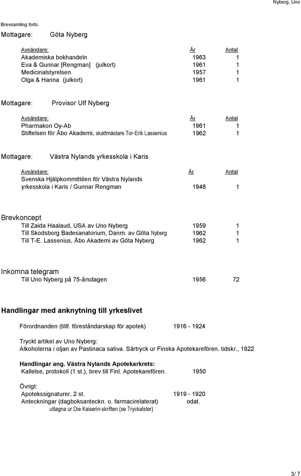 1 Stiftelsen för Åbo Akademi, skattmästare Tor-Erik Lassenius 1962 1 Mottagare: Västra Nylands yrkesskola i Karis Svenska Hjälpkommittéen för Västra Nylands yrkesskola i Karis / Gunnar Rengman 1948 1