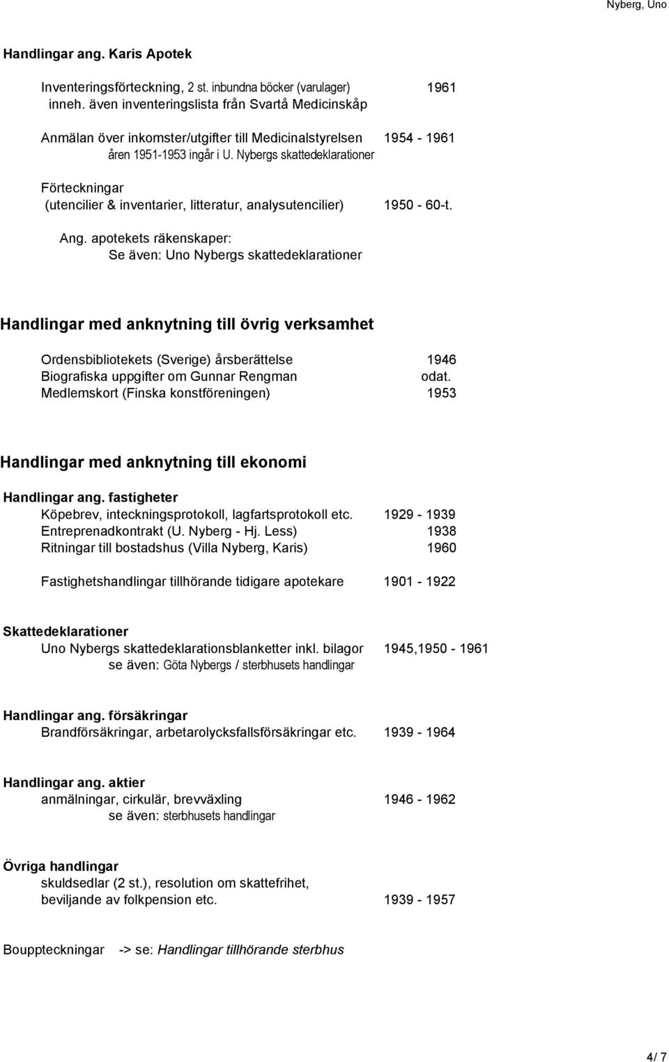 Nybergs skattedeklarationer Förteckningar (utencilier & inventarier, litteratur, analysutencilier) 1950-60-t. Ang.