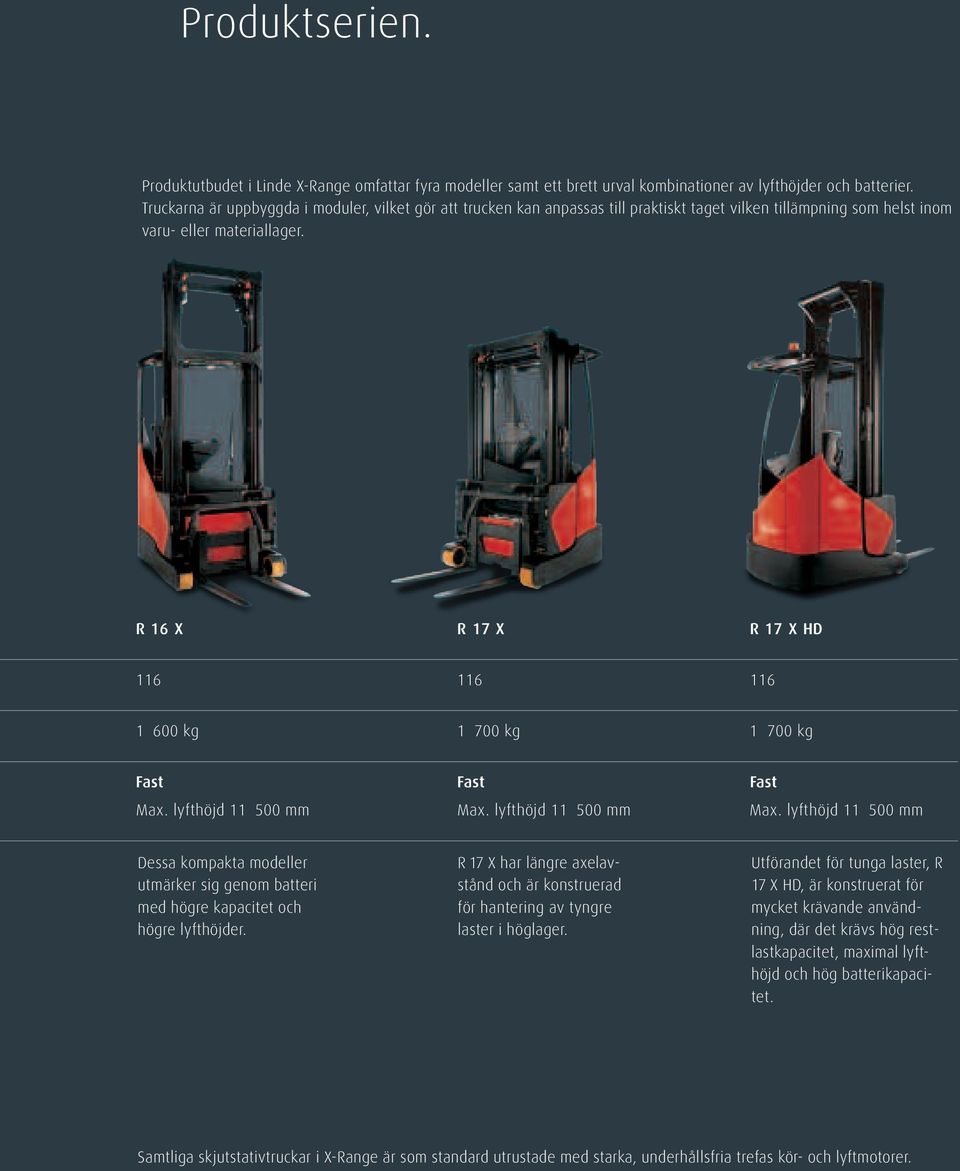 R 16 X R 17 X R 17 X HD 116 116 116 1 600 kg 1 700 kg 1 700 kg Fast Fast Fast Max. lyfthöjd 11 500 mm Max.