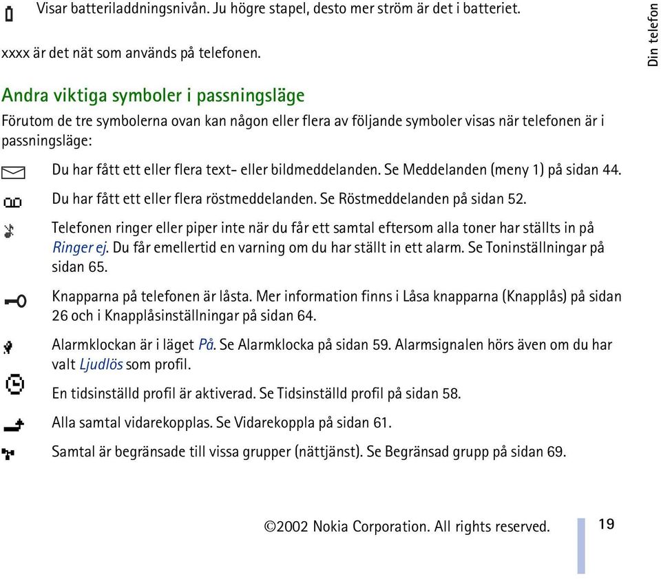 eller bildmeddelanden. Se Meddelanden (meny 1) på sidan 44. Du har fått ett eller flera röstmeddelanden. Se Röstmeddelanden på sidan 52.