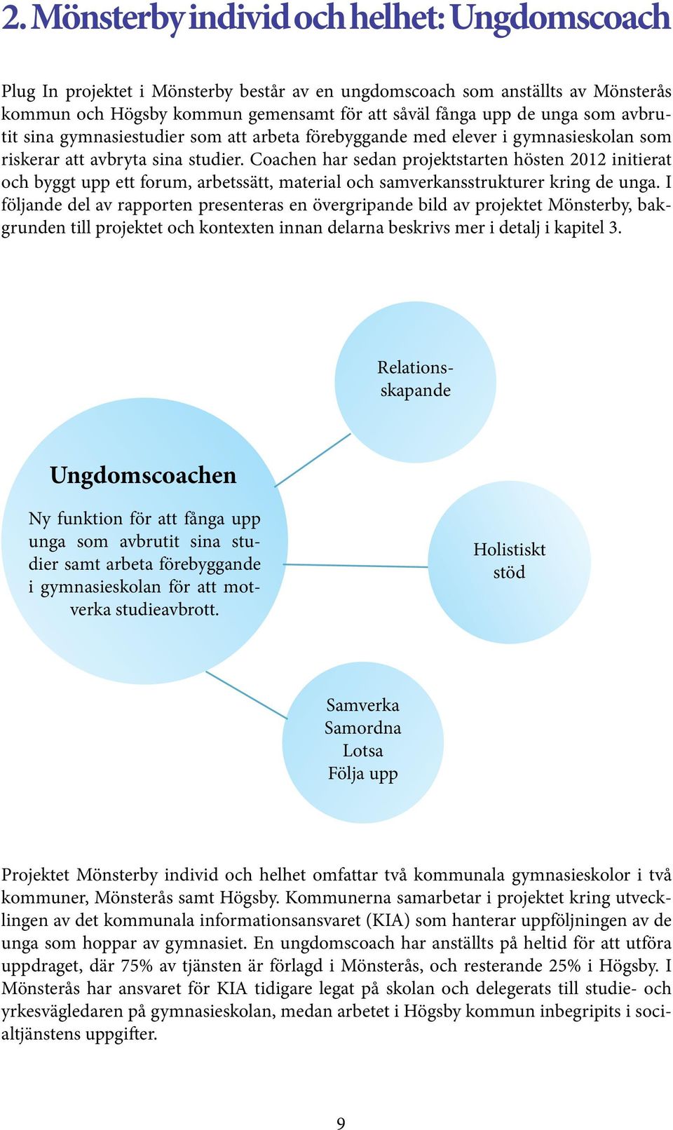 Coachen har sedan projektstarten hösten 2012 initierat och byggt upp ett forum, arbetssätt, material och samverkansstrukturer kring de unga.