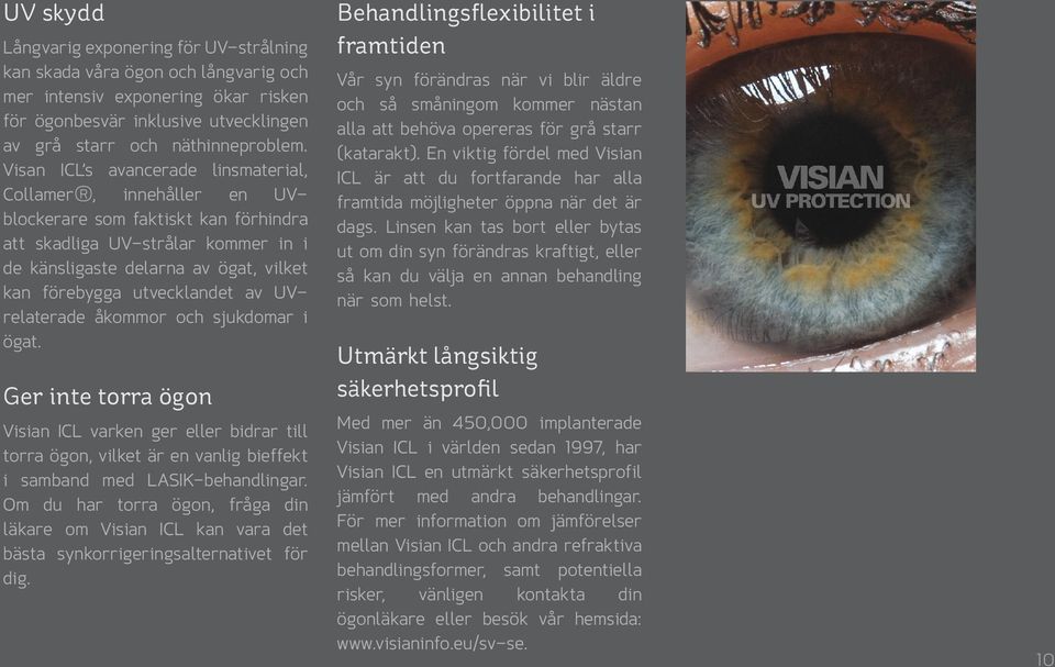 utvecklandet av UVrelaterade åkommor och sjukdomar i ögat. Ger inte torra ögon Visian ICL varken ger eller bidrar till torra ögon, vilket är en vanlig bieffekt i samband med LASIK-behandlingar.