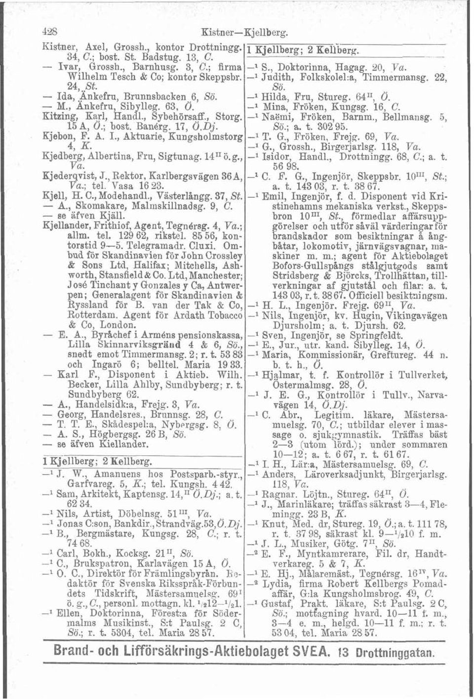 14" ö.g., Va. Kjederqvist, J., Rektor, Earlbergsvagen 368, Va.; tel. Vasa 16 23. Kjell, H. C., Modehandl., Vasterlångg. 37, St. - A., Skomakare, Malmskillnadsg. 9, C. - se afven Kjall.