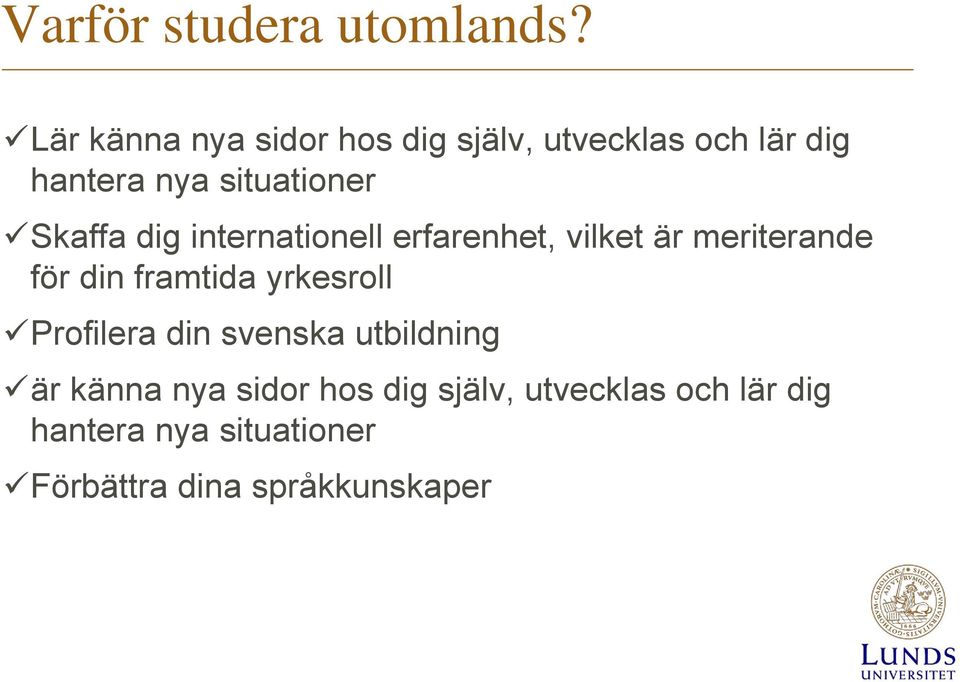 Skaffa dig internationell erfarenhet, vilket är meriterande för din framtida