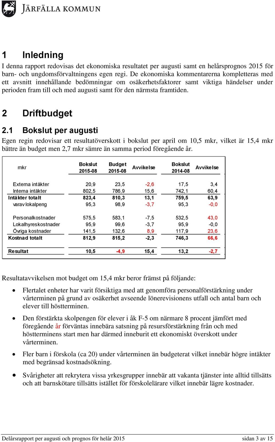 2 Driftbudget 2.1 per augusti Egen regin redovisar ett resultatöverskott i bokslut per april om 10,5 mkr, vilket är 15,4 mkr bättre än budget men 2,7 mkr sämre än samma period föregående år.