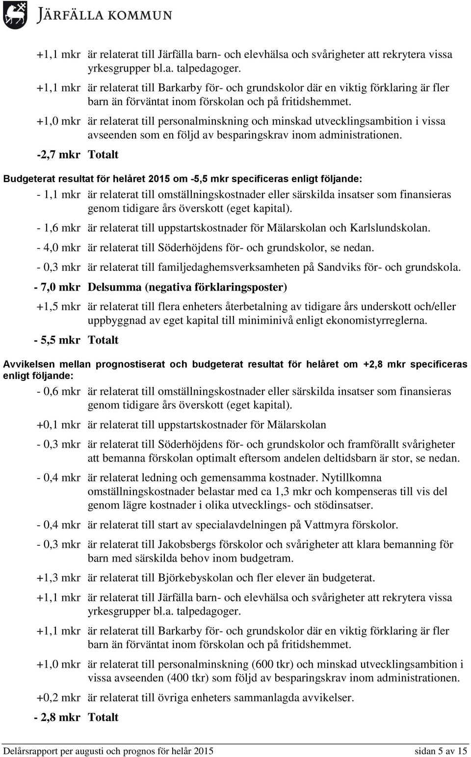 +1,0 mkr är relaterat till personalminskning och minskad utvecklingsambition i vissa avseenden som en följd av besparingskrav inom administrationen.