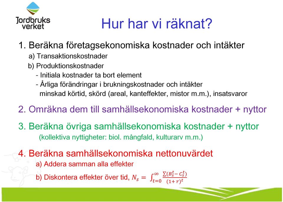 Årliga förändringar i brukningskostnader och intäkter minskad körtid, skörd (areal, kanteffekter, mistor m.m.), insatsvaror 2.