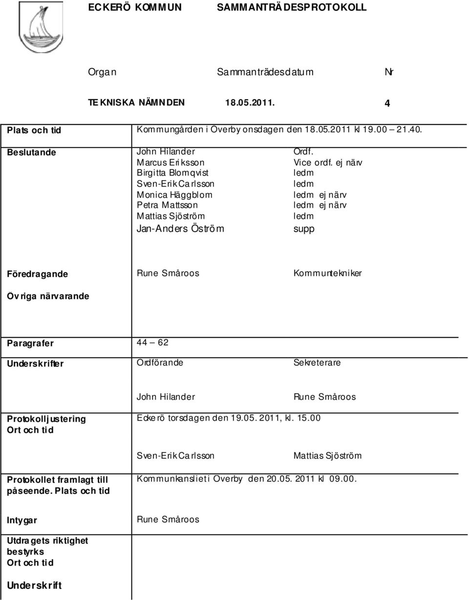 ej närv ledm ledm ledm ej närv ledm ej närv ledm supp Föredragande Rune Småroos Kommuntekniker Öv riga närvarande Paragrafer 44 62 Underskrifter Ordförande Sekreterare John Hilander