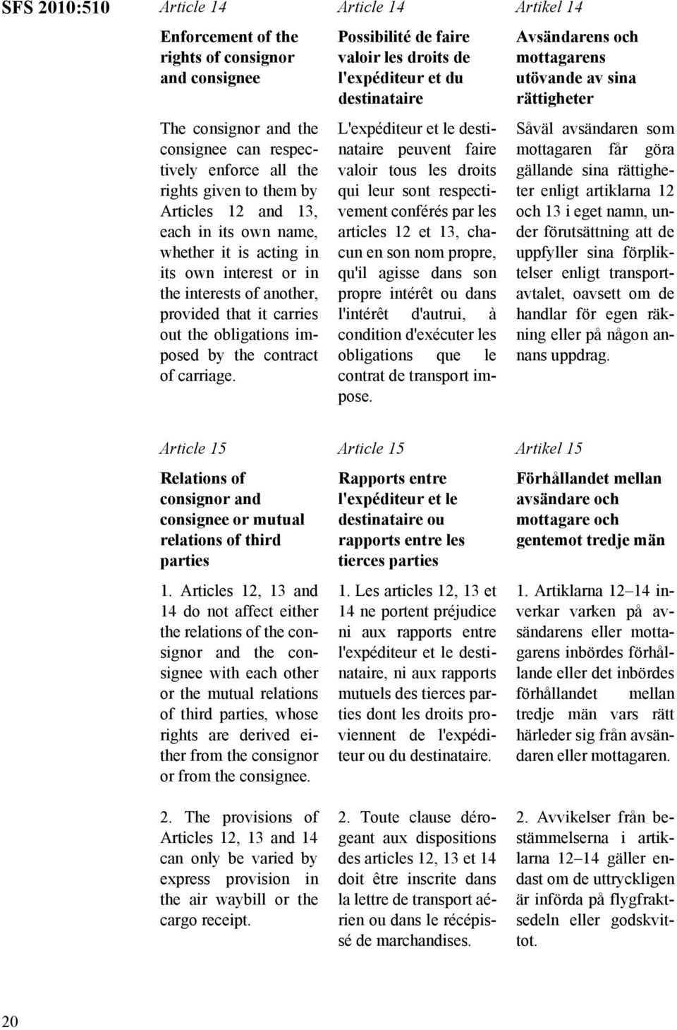 Article 14 Possibilité de faire valoir les droits de l'expéditeur et du destinataire L'expéditeur et le destinataire peuvent faire valoir tous les droits qui leur sont respectivement conférés par les