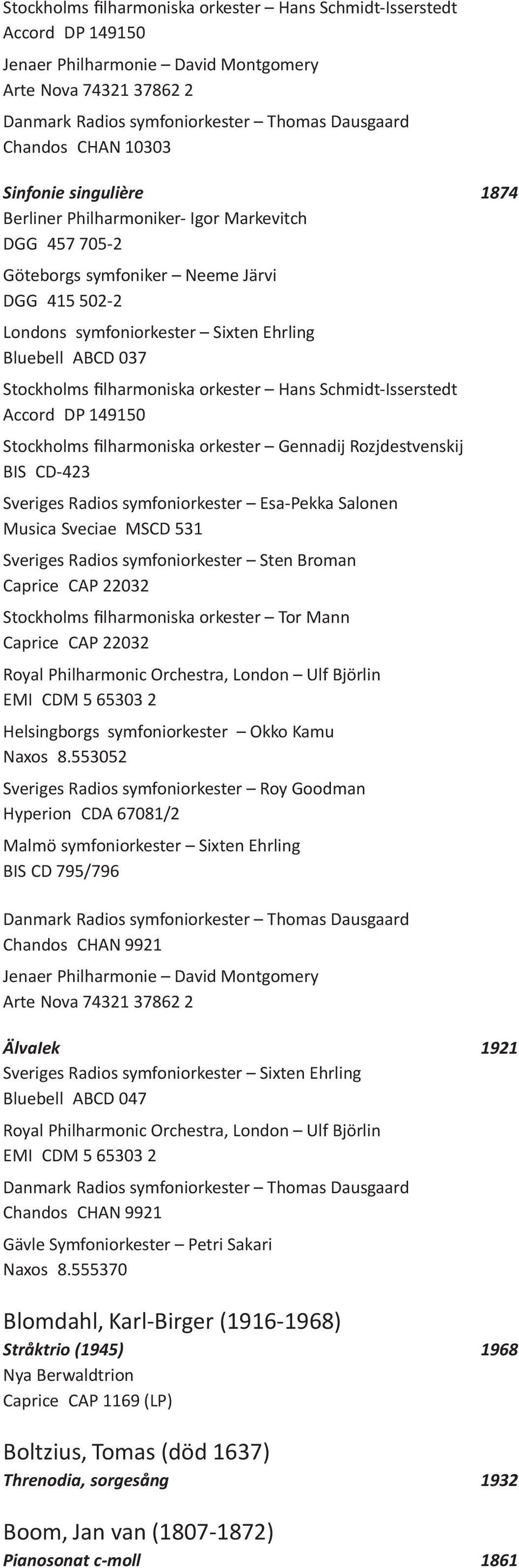 filharmoniska orkester Hans Schmidt Isserstedt Accord DP 149150 Stockholms filharmoniska orkester Gennadij Rozjdestvenskij BIS CD 423 Sveriges Radios symfoniorkester Esa Pekka Salonen Musica Sveciae