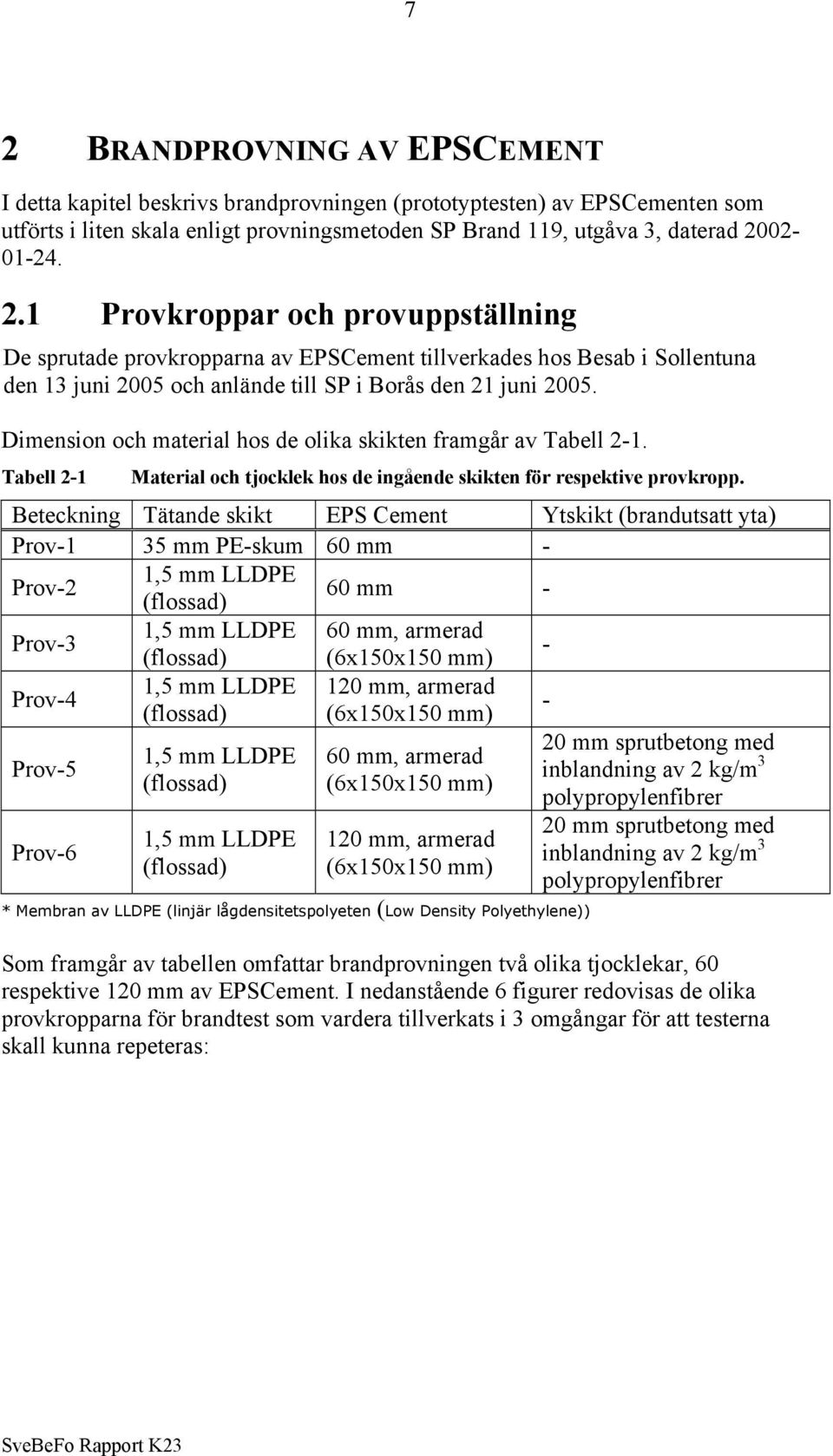 Beteckning Tätande skikt EPS Cement Ytskikt (brandutsatt yta) Prov-1 35 mm PE-skum 60 mm - Prov-2 1,5 mm LLDPE (flossad) 60 mm - Prov-3 1,5 mm LLDPE 60 mm, armerad (flossad) (6x150x150 mm) - Prov-4