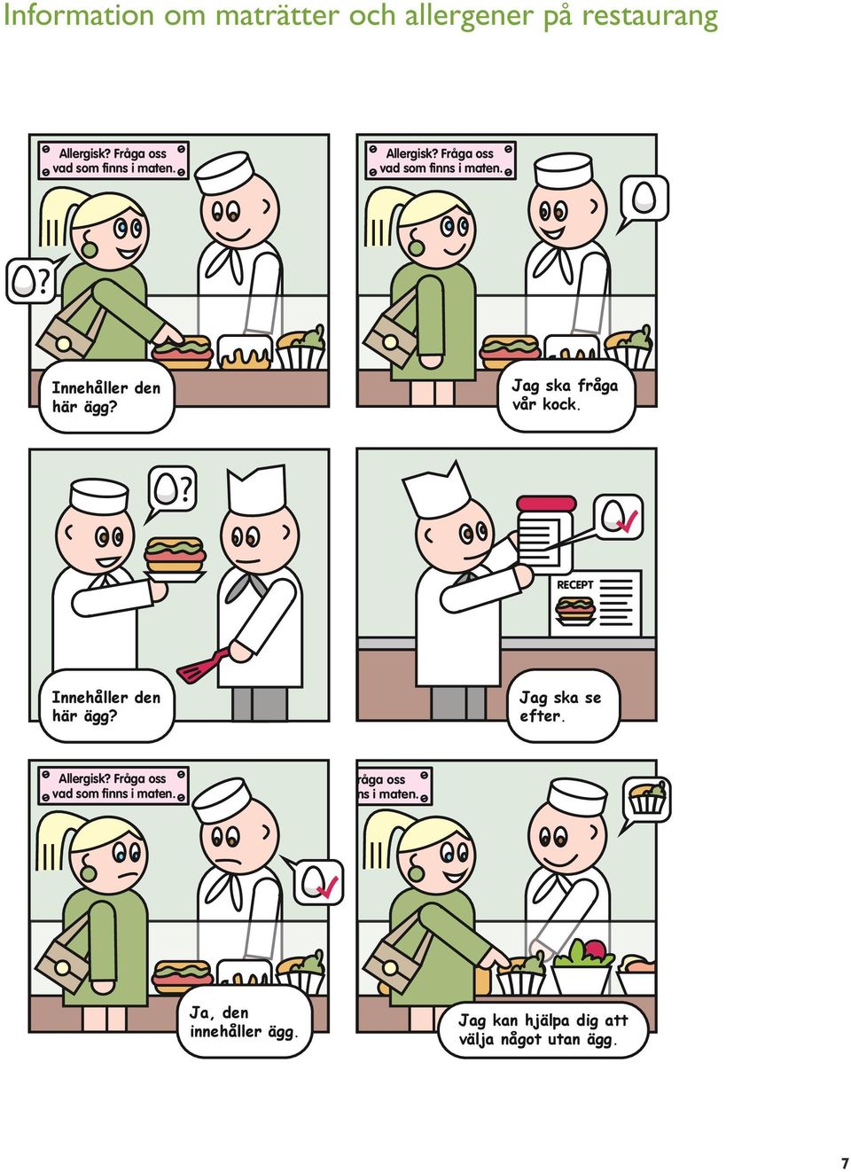 Jag ska fråga vår kock.? RECEPT Innehåller den här ägg? Jag ska se efter. Allergisk?