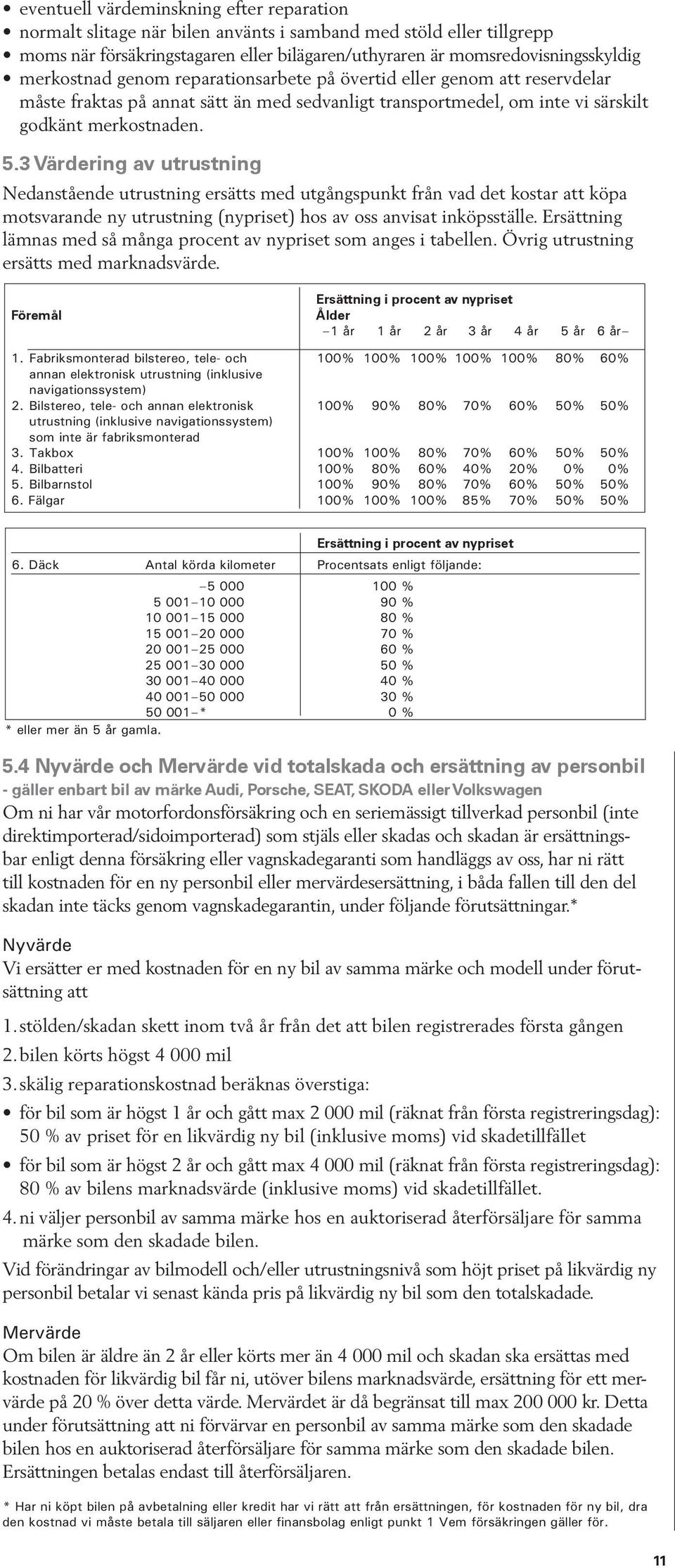 3 Värdering av utrustning Nedanstående utrustning ersätts med utgångspunkt från vad det kostar att köpa motsvarande ny utrustning (nypriset) hos av oss anvisat inköpsställe.