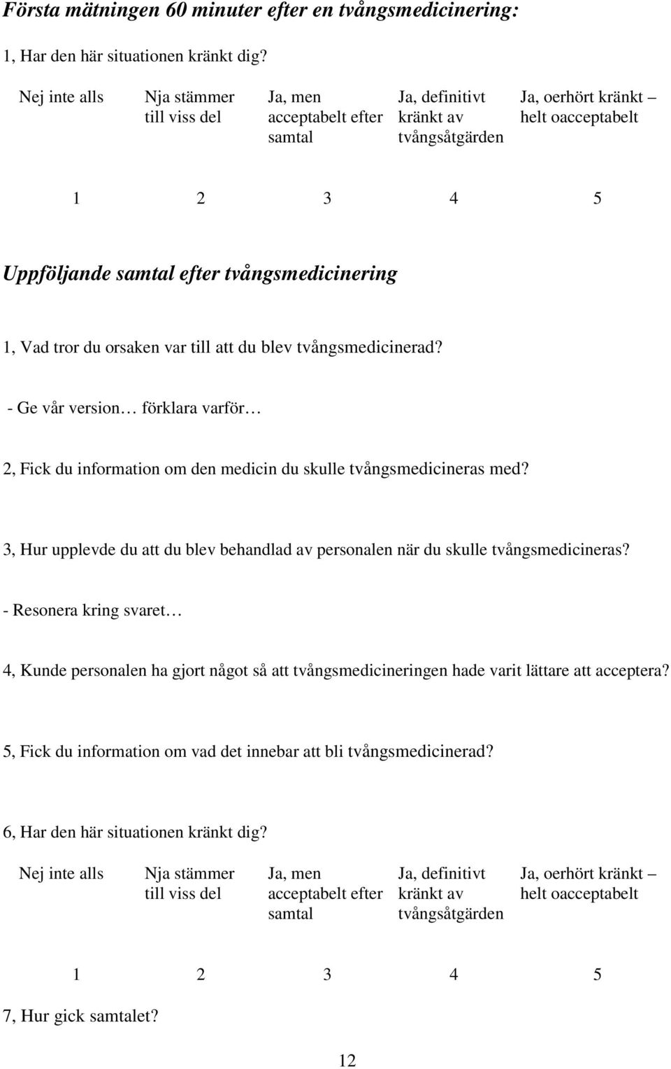 tvångsmedicinering 1, Vad tror du orsaken var till att du blev tvångsmedicinerad? - Ge vår version förklara varför 2, Fick du information om den medicin du skulle tvångsmedicineras med?