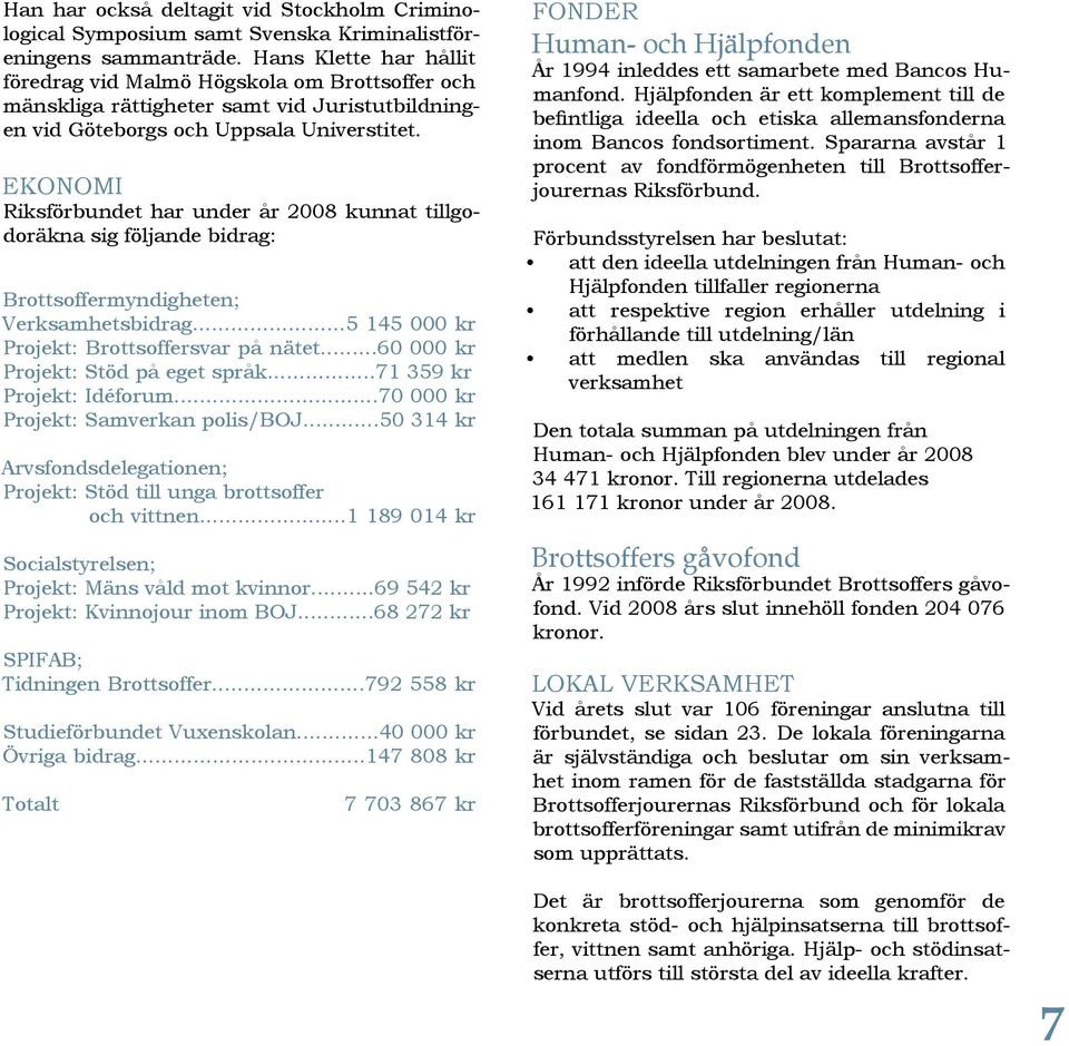 Ekonomi Riksförbundet har under år 2008 kunnat tillgodoräkna sig följande bidrag: Brottsoffermyndigheten; Verksamhetsbidrag...5 145 000 kr Projekt: Brottsoffersvar på nätet.